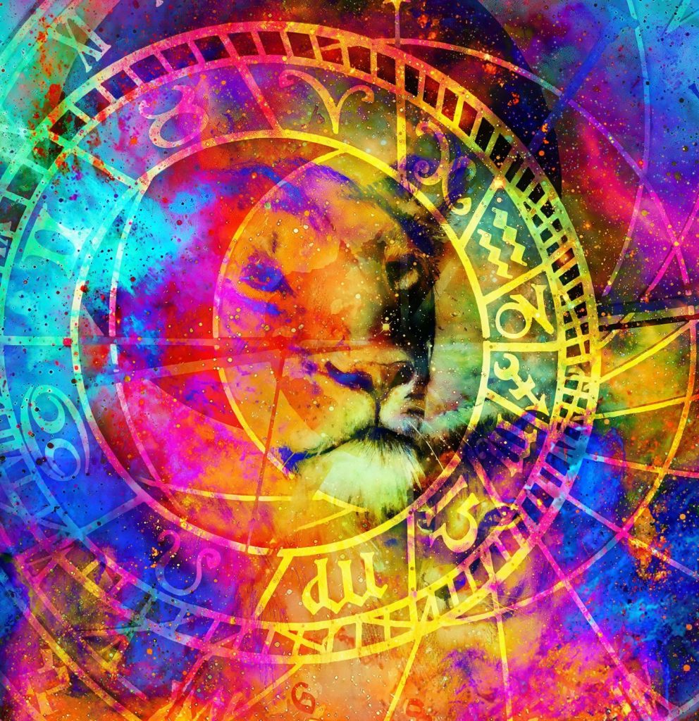 FullMeltMistress.com About Me Header, beautiful painting of lioness with zodiac motive in floating space energy and light.